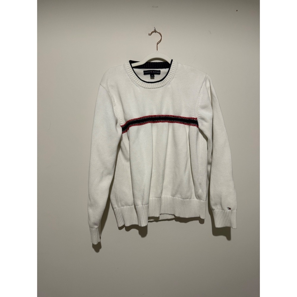 Tommy Hilfiger Cream White Cotton Knit Chest Stripe Crew Neck Sweater Large